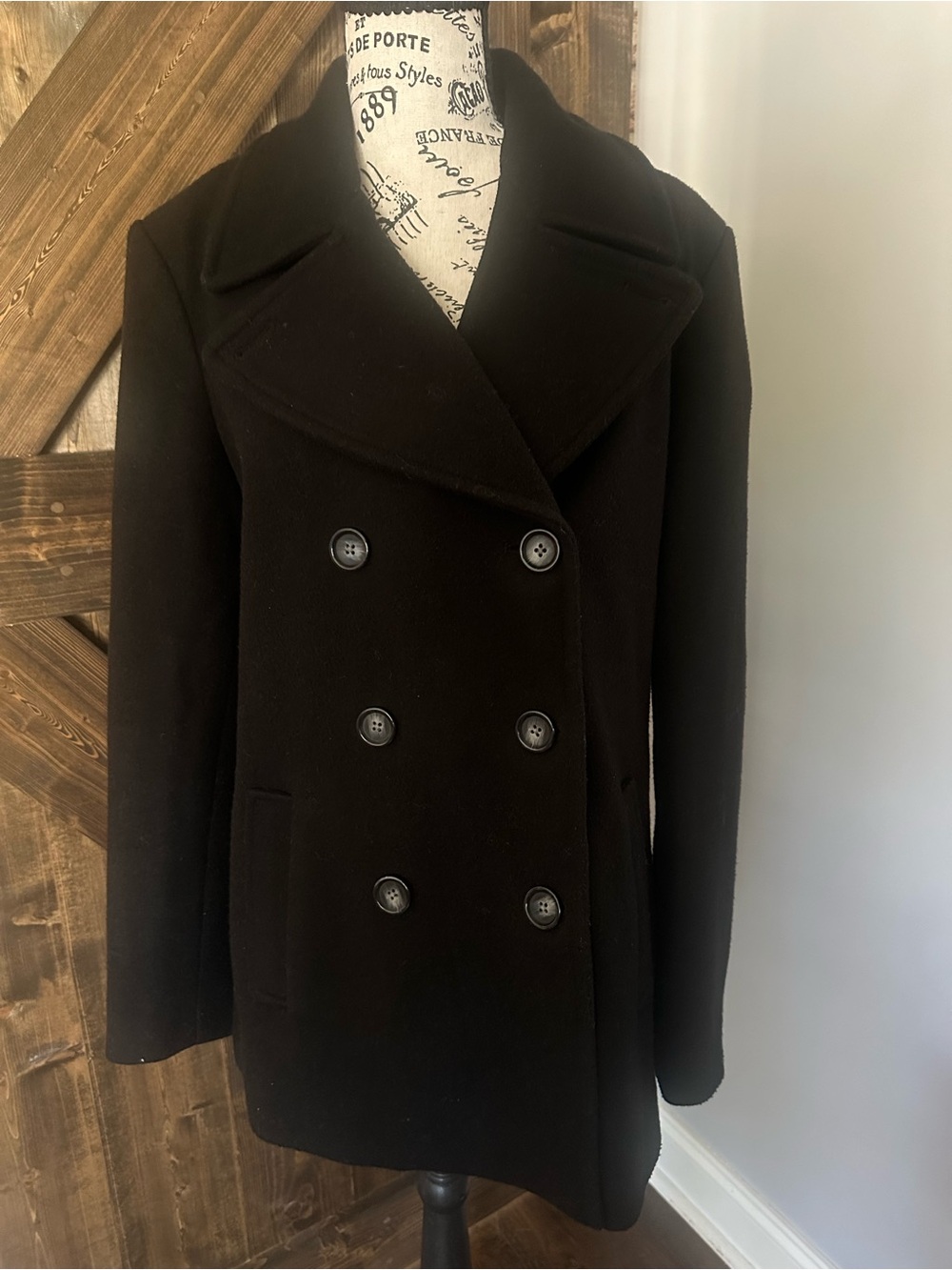 Classic Black Double-Breasted Wool Blend Peacoat